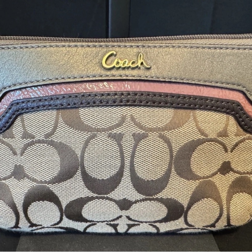 COACH Brown and Tan Canvas Wristlet with Gold Logo